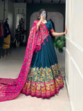 Mediashor Teal Green Printed Lehenga Choli with Pink Banarasi Dupatta