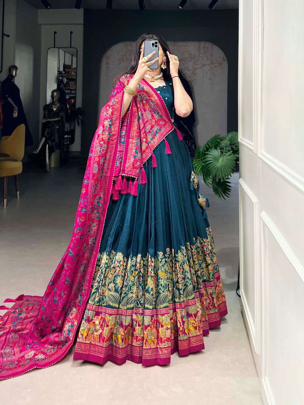 Mediashor Teal Green Printed Lehenga Choli with Pink Banarasi Dupatta