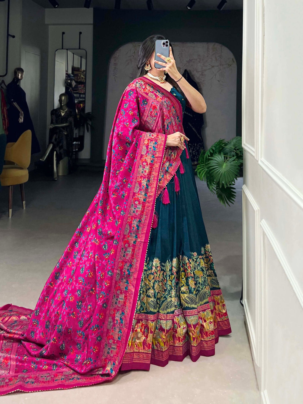 Mediashor Teal Green Printed Lehenga Choli with Pink Banarasi Dupatta