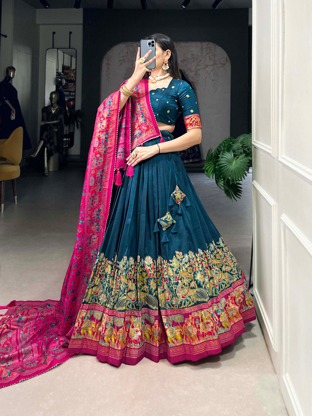 Mediashor Teal Green Printed Lehenga Choli with Pink Banarasi Dupatta
