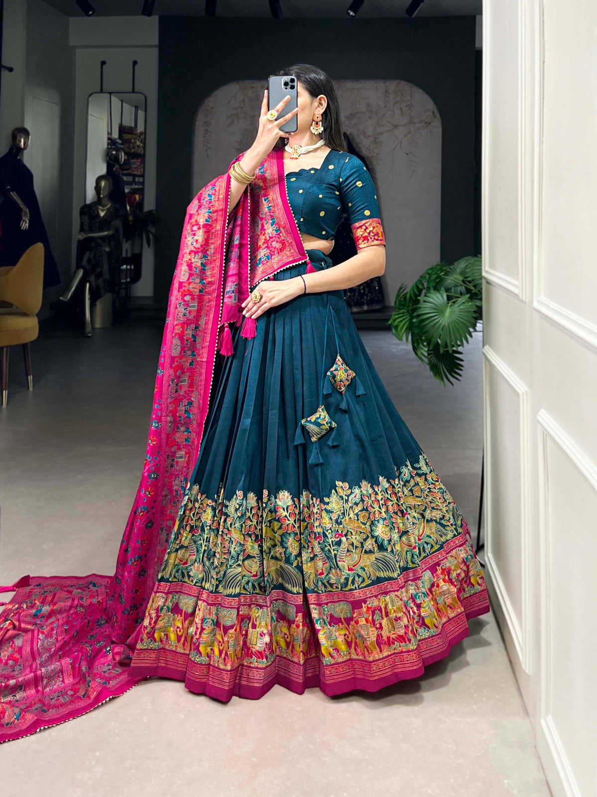 Mediashor Teal Green Printed Lehenga Choli with Pink Banarasi Dupatta