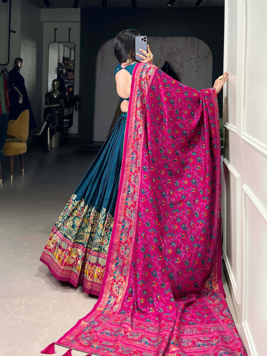 Mediashor Teal Green Printed Lehenga Choli with Pink Banarasi Dupatta
