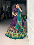 Mediashor Purple Printed Lehenga Choli with Green Banarasi Dupatta