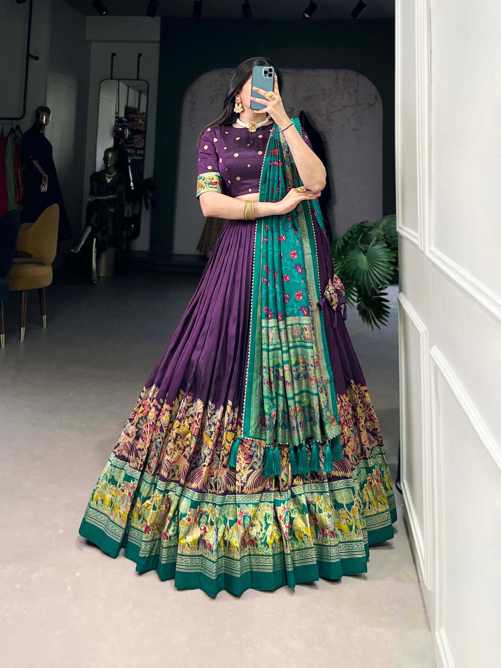 Mediashor Purple Printed Lehenga Choli with Green Banarasi Dupatta