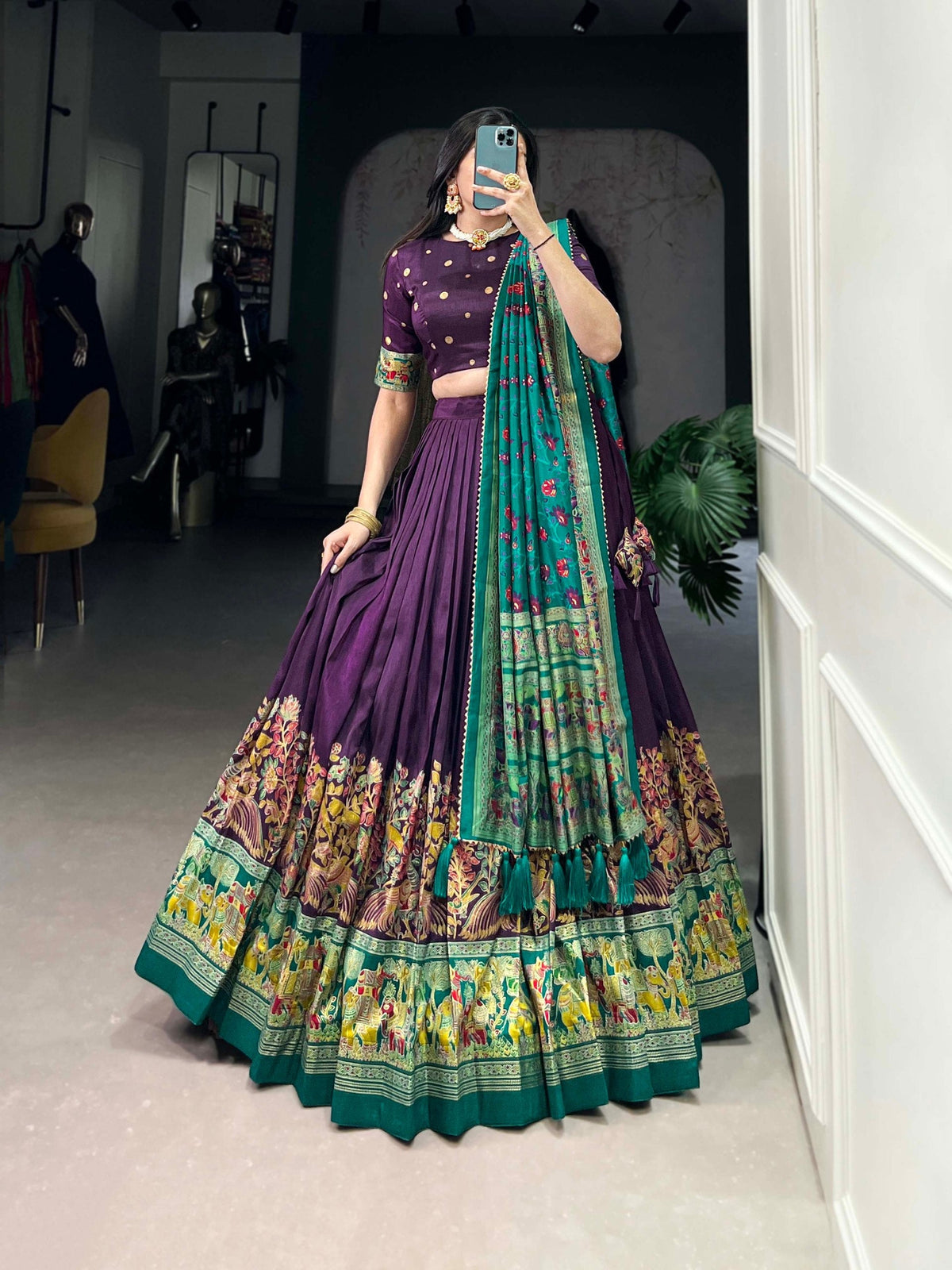 Mediashor Purple Printed Lehenga Choli with Green Banarasi Dupatta