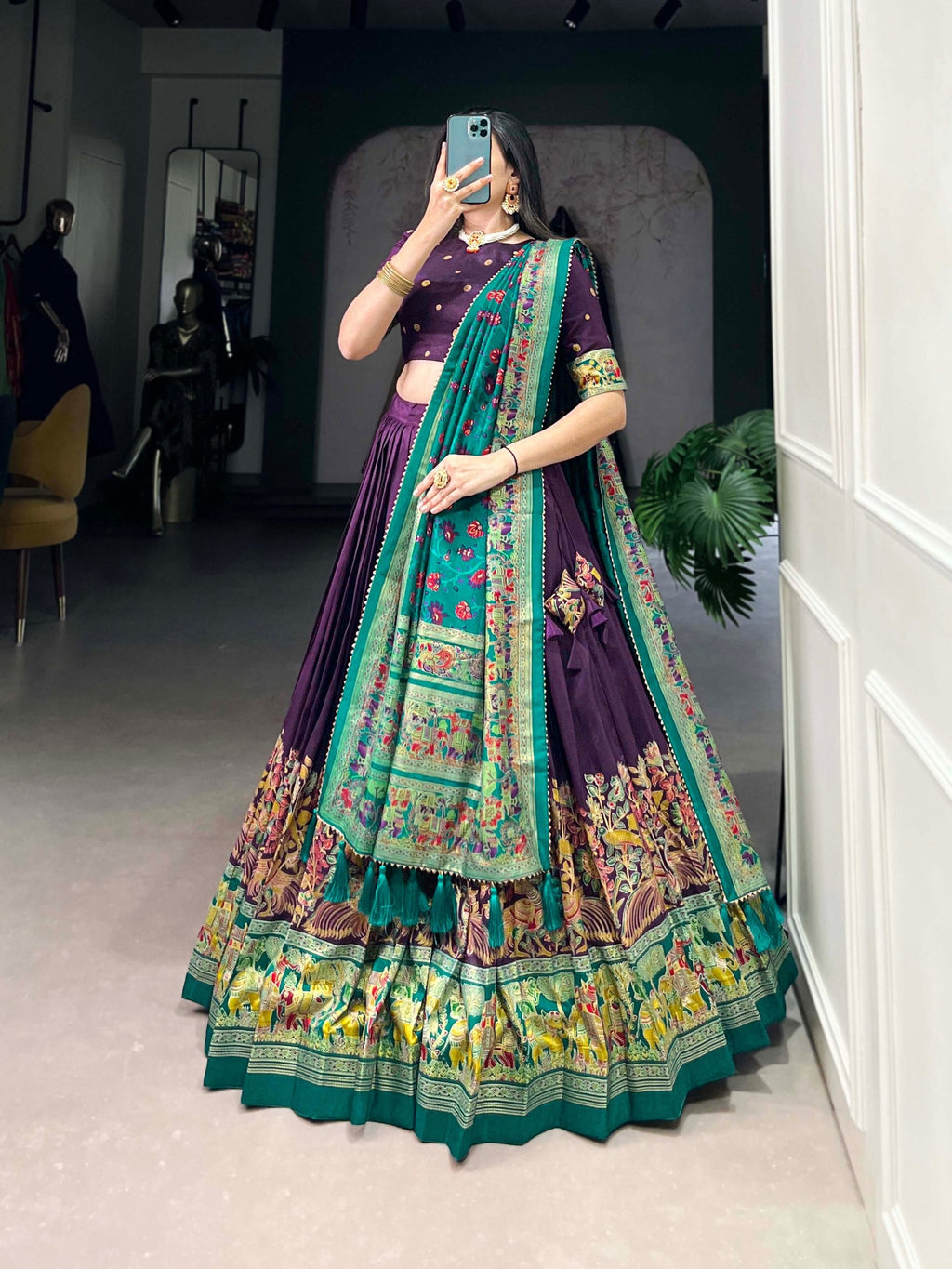 Mediashor Purple Printed Lehenga Choli with Green Banarasi Dupatta