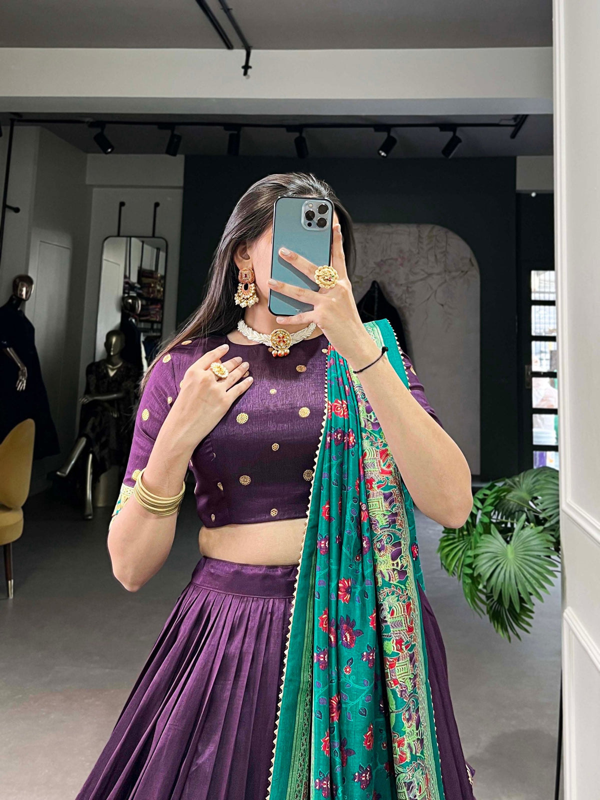 Mediashor Purple Printed Lehenga Choli with Green Banarasi Dupatta