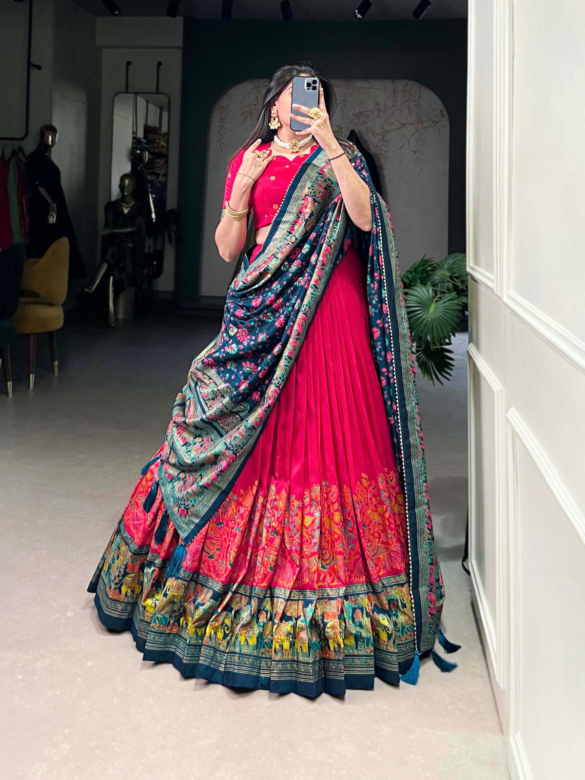 Mediashor Rani Pink Floral Lehenga Choli with Teal Banarasi Dupatta