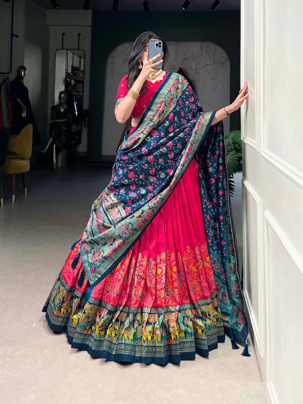 Mediashor Rani Pink Floral Lehenga Choli with Teal Banarasi Dupatta
