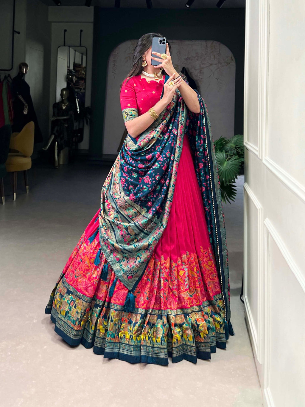 Mediashor Rani Pink Floral Lehenga Choli with Teal Banarasi Dupatta