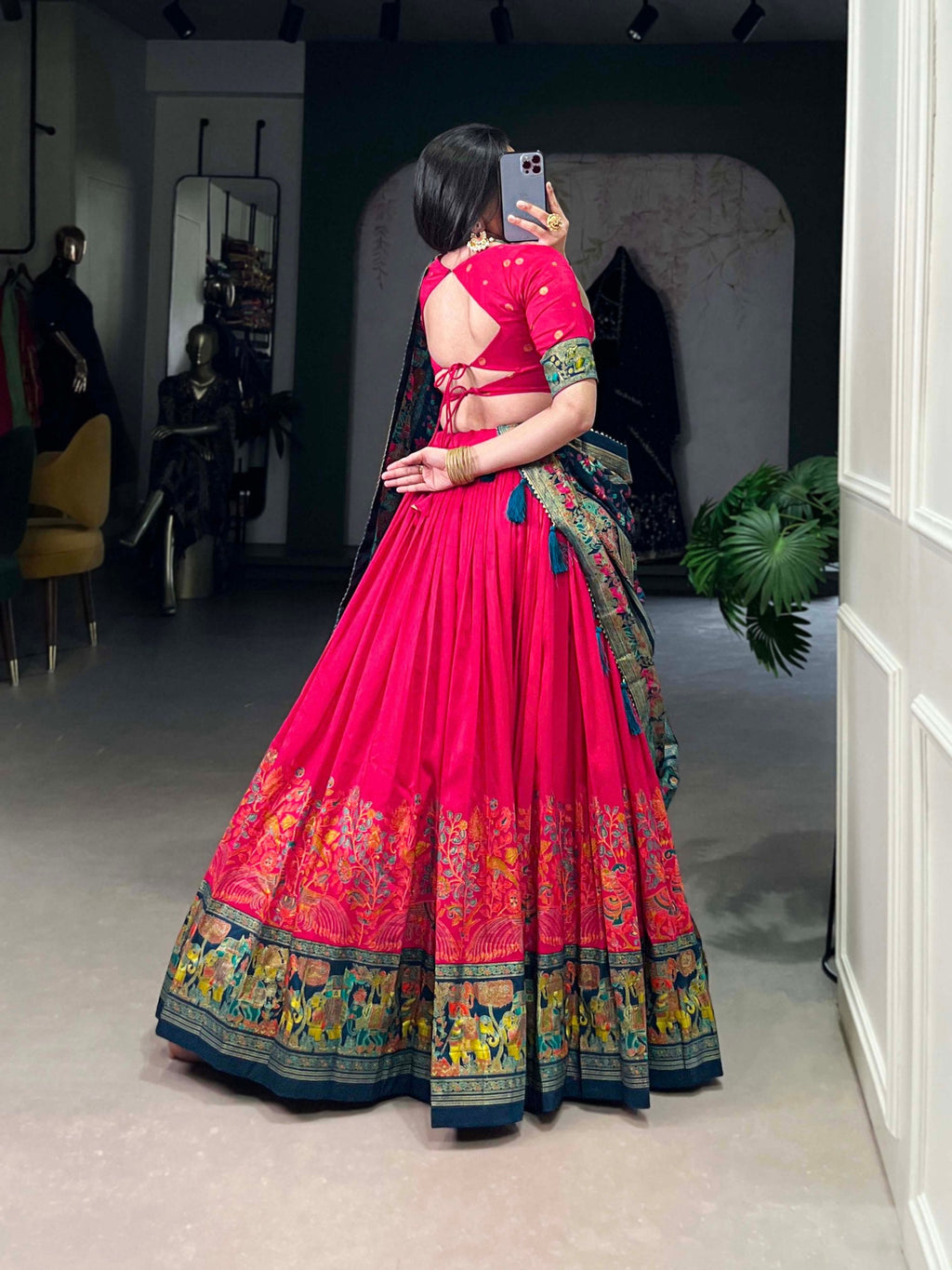 Mediashor Rani Pink Floral Lehenga Choli with Teal Banarasi Dupatta