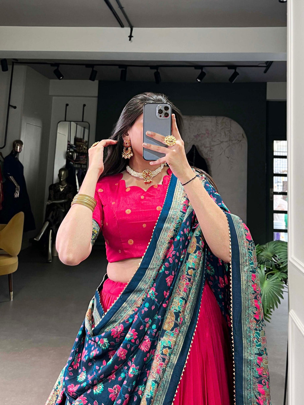 Mediashor Rani Pink Floral Lehenga Choli with Teal Banarasi Dupatta