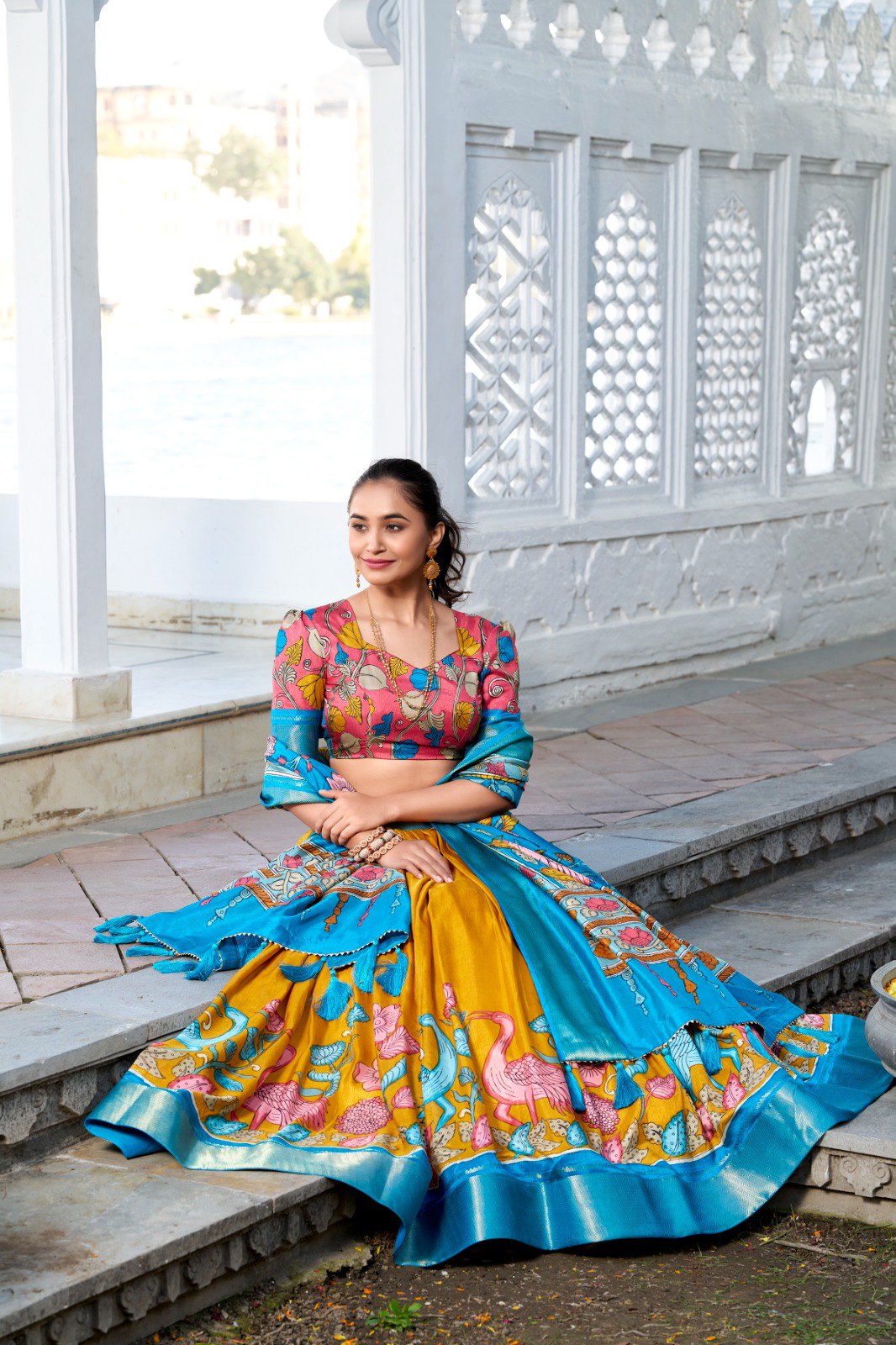 Mediashor Mustard Yellow Floral Lehenga Choli with Blue Silk Dupatta