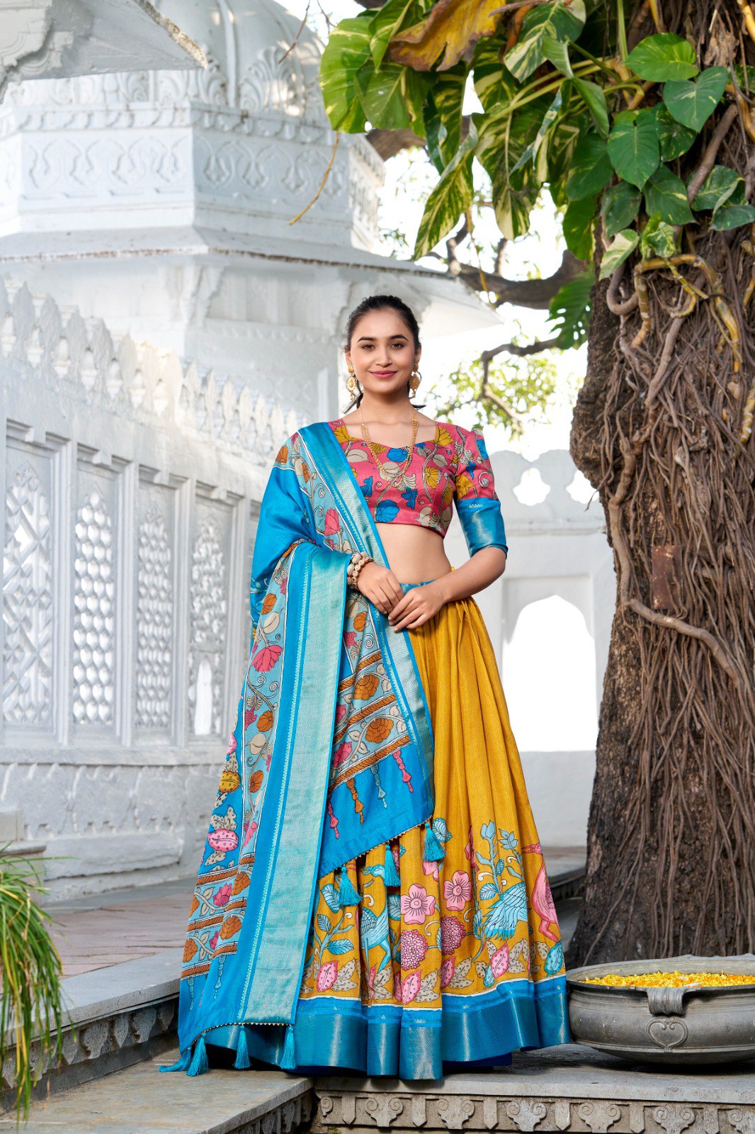 Mediashor Mustard Yellow Floral Lehenga Choli with Blue Silk Dupatta