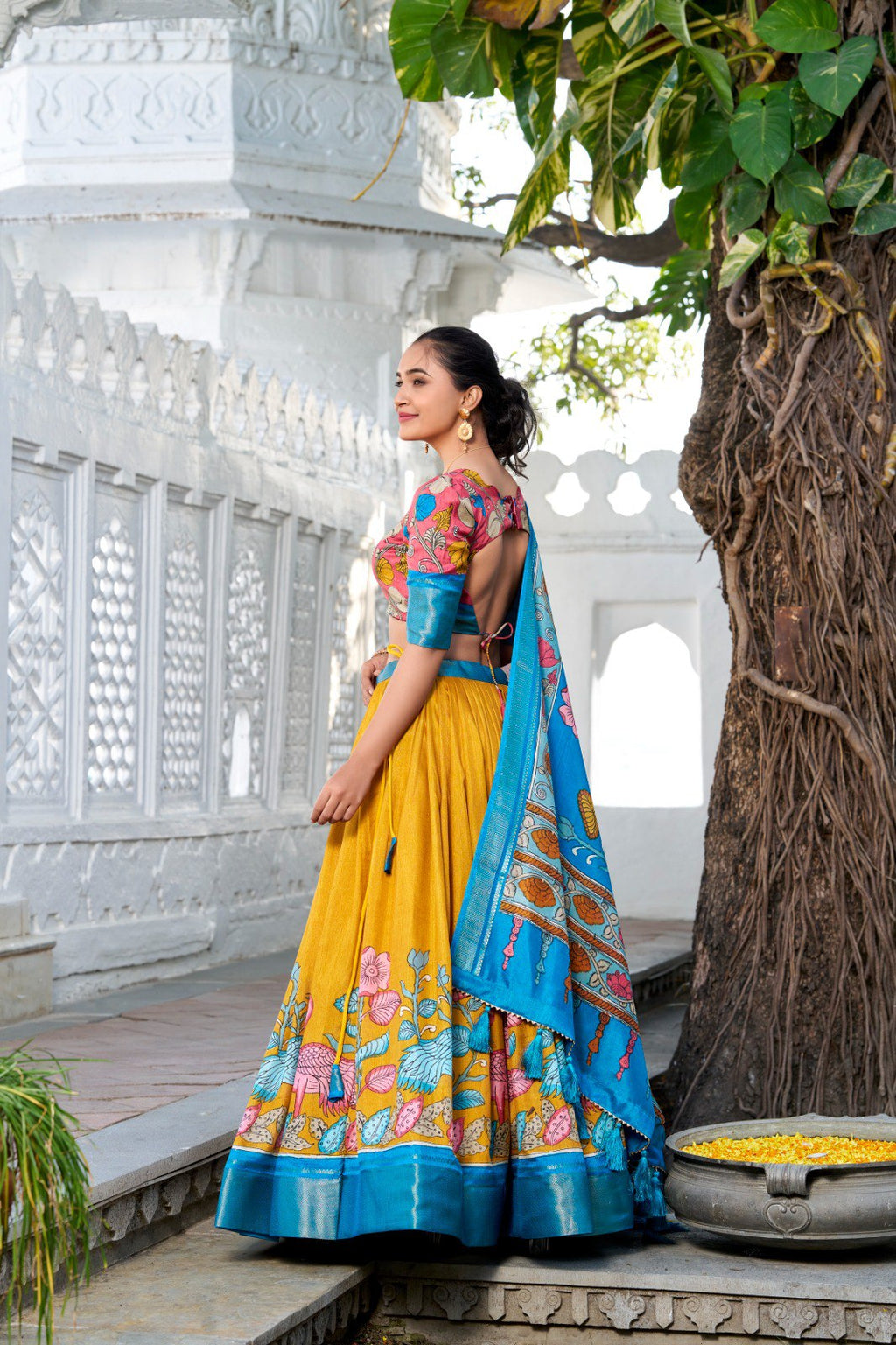Mediashor Mustard Yellow Floral Lehenga Choli with Blue Silk Dupatta
