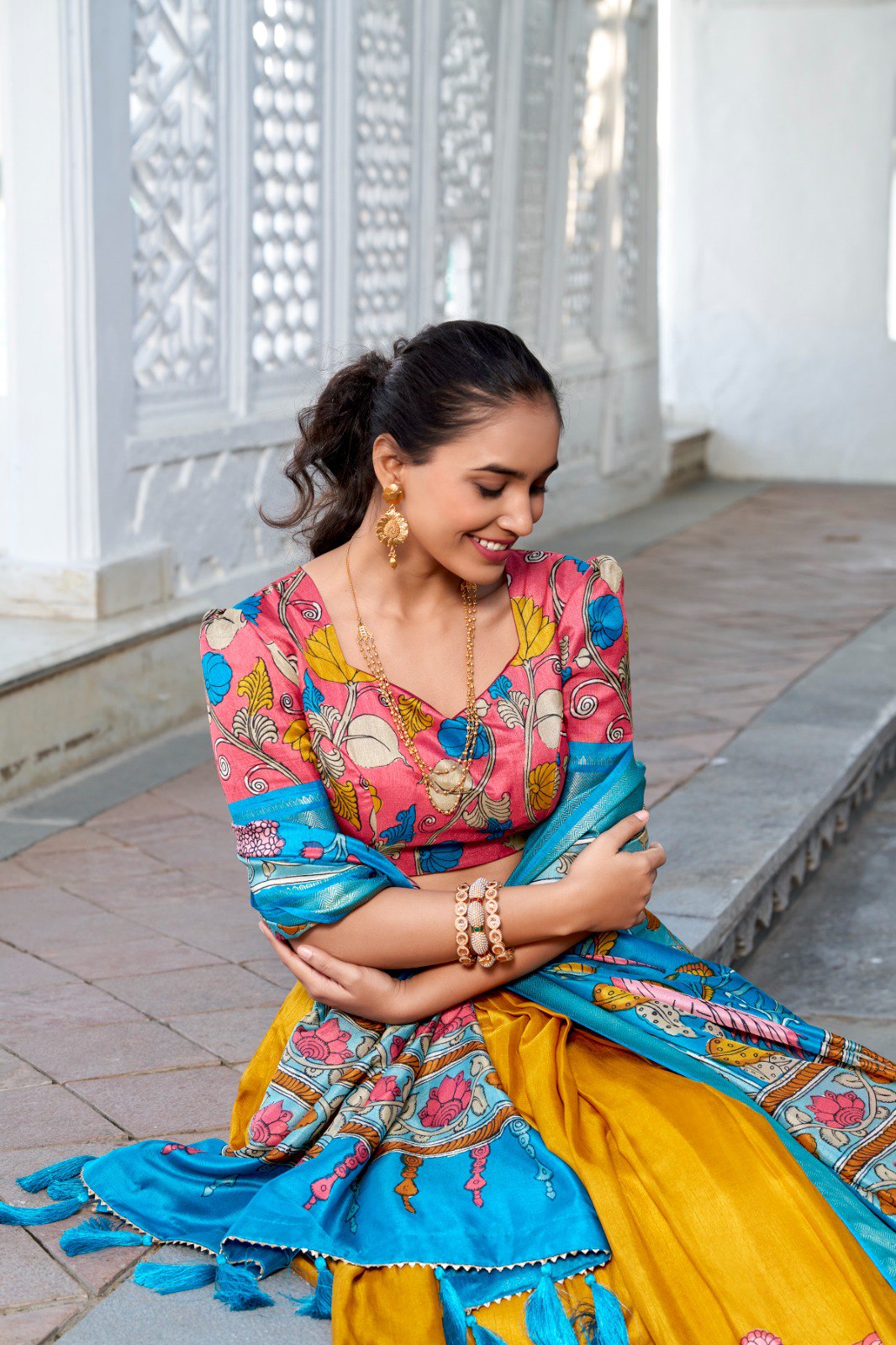 Mediashor Mustard Yellow Floral Lehenga Choli with Blue Silk Dupatta