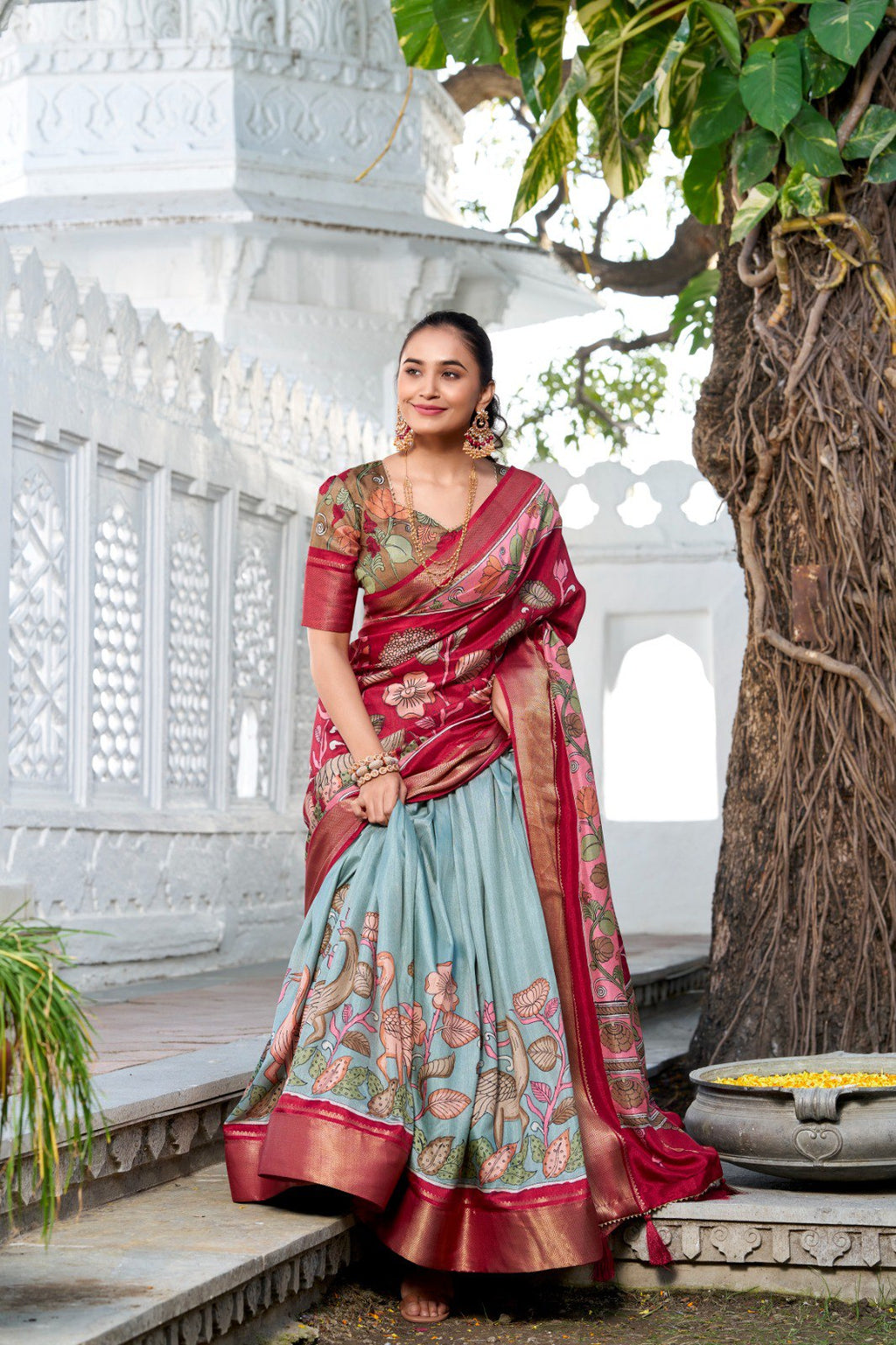 Mediashor Mustard Yellow Floral Lehenga Choli with Blue Silk Dupatta