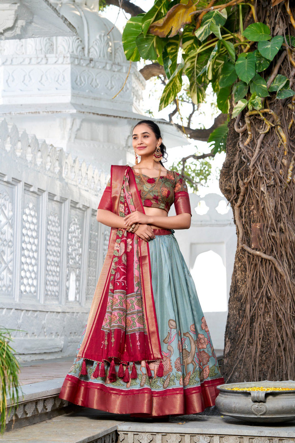 Mediashor Mustard Yellow Floral Lehenga Choli with Blue Silk Dupatta