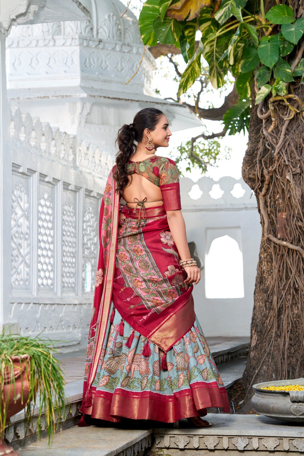 Mediashor Mustard Yellow Floral Lehenga Choli with Blue Silk Dupatta