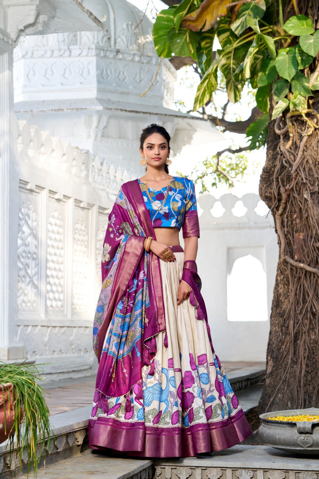 Mediashor Cream Floral Lehenga Choli with Magenta Silk Dupatta & Blue Designer Blouse
