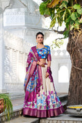 Mediashor Cream Floral Lehenga Choli with Magenta Silk Dupatta & Blue Designer Blouse