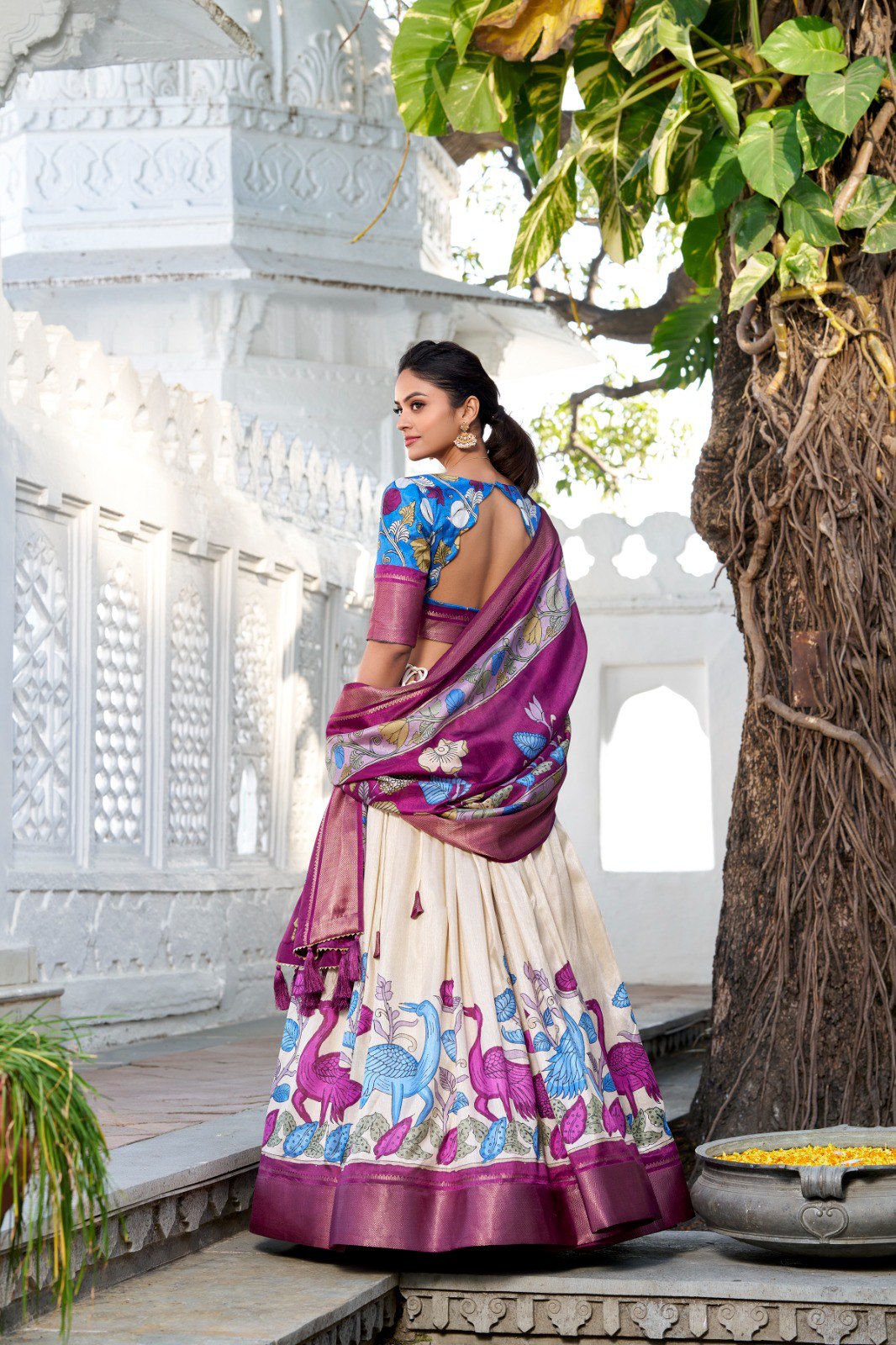 Mediashor Cream Floral Lehenga Choli with Magenta Silk Dupatta & Blue Designer Blouse