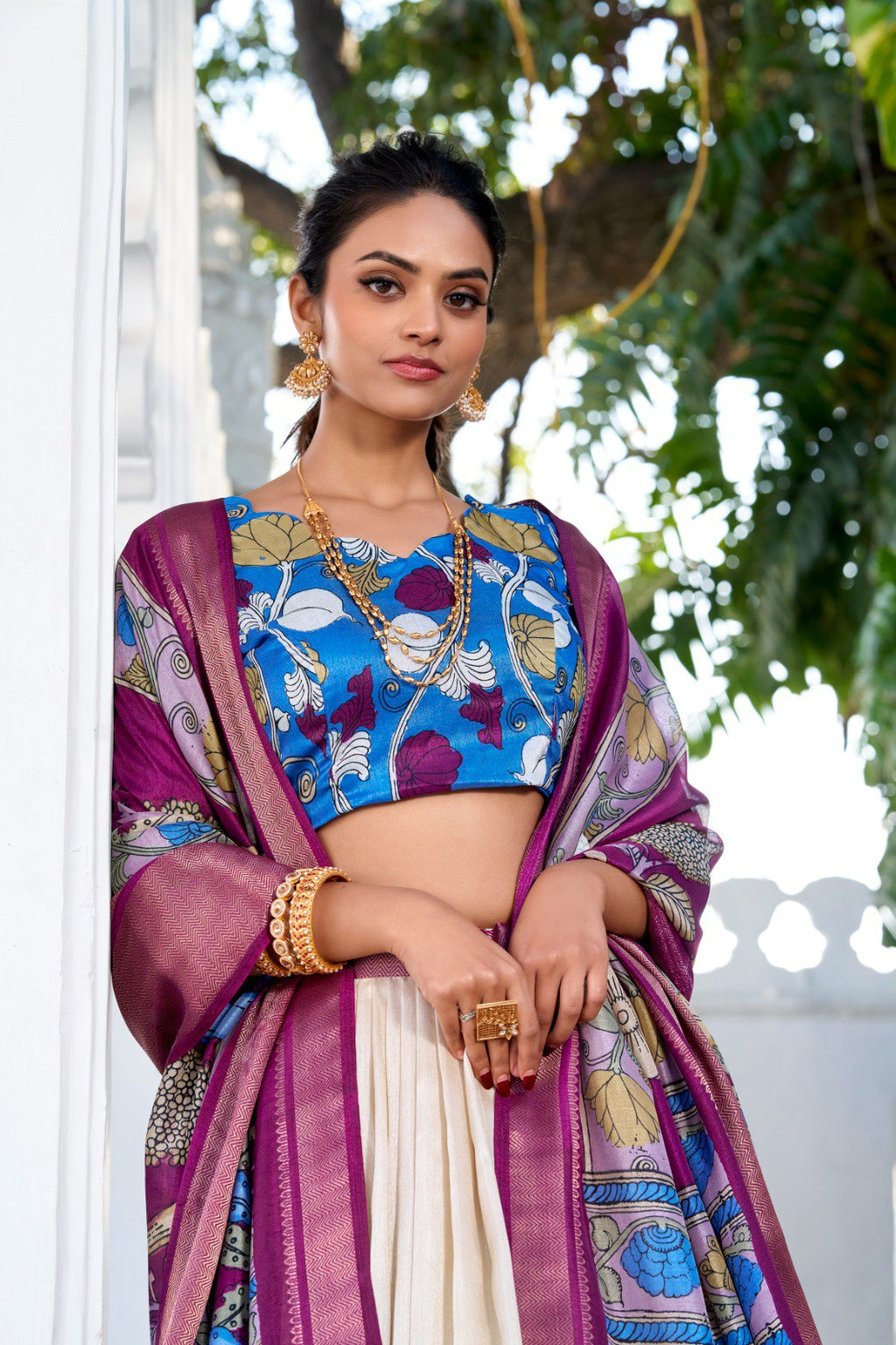Mediashor Cream Floral Lehenga Choli with Magenta Silk Dupatta & Blue Designer Blouse