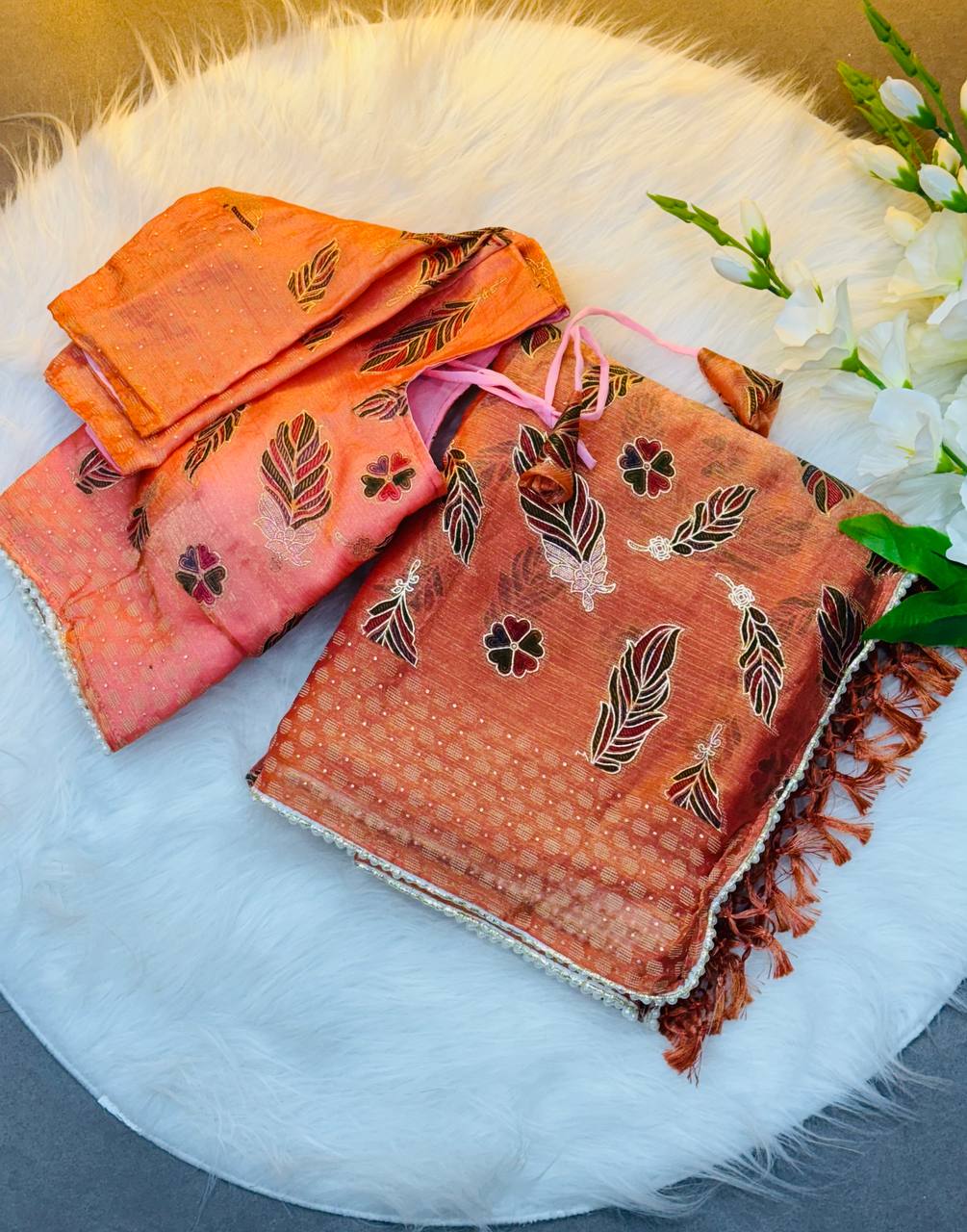 Designer Orange Silk Saree For Women