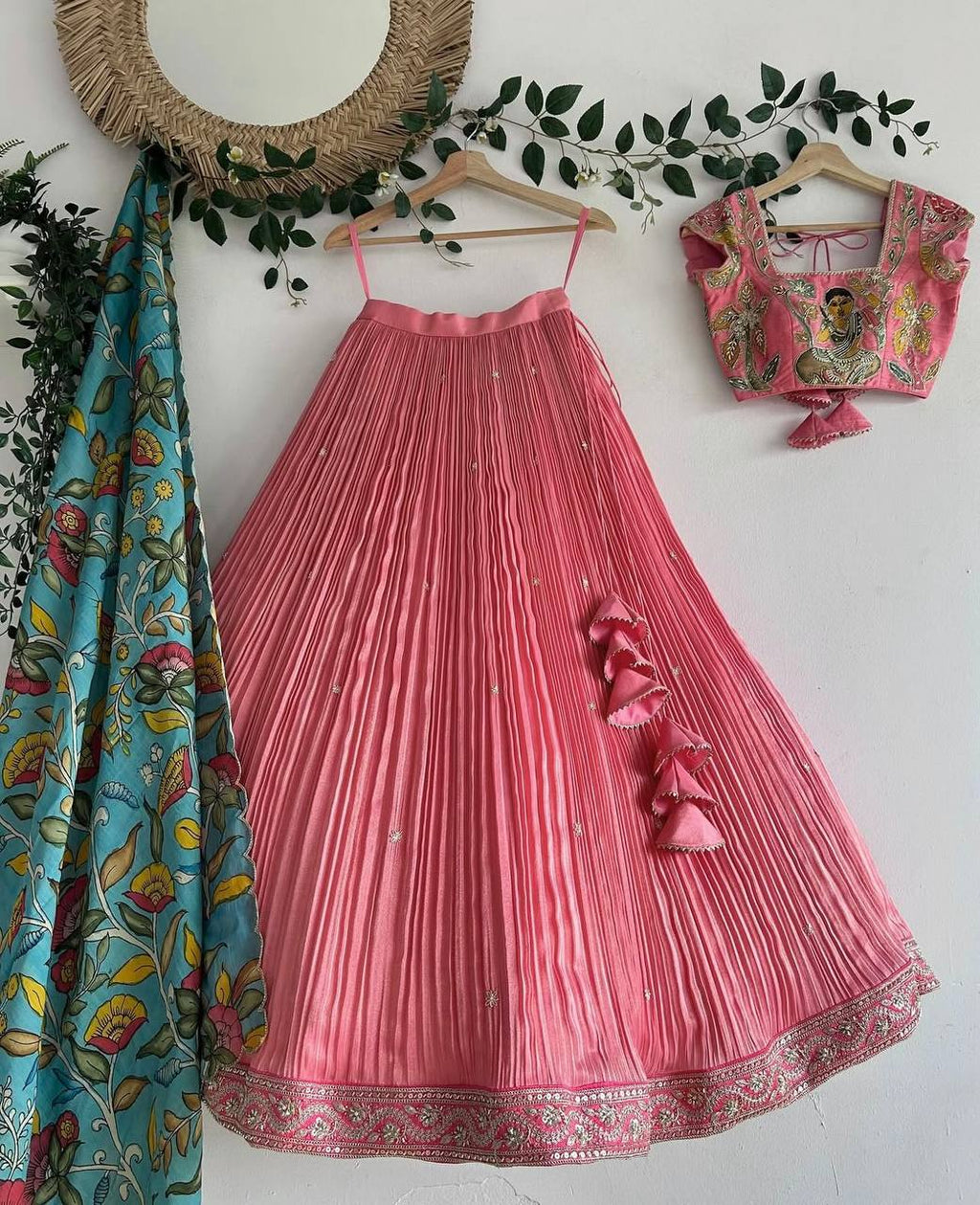 Girls Pink Pleated Lehenga Choli with Embroidered Blouse and Printed Dupatta