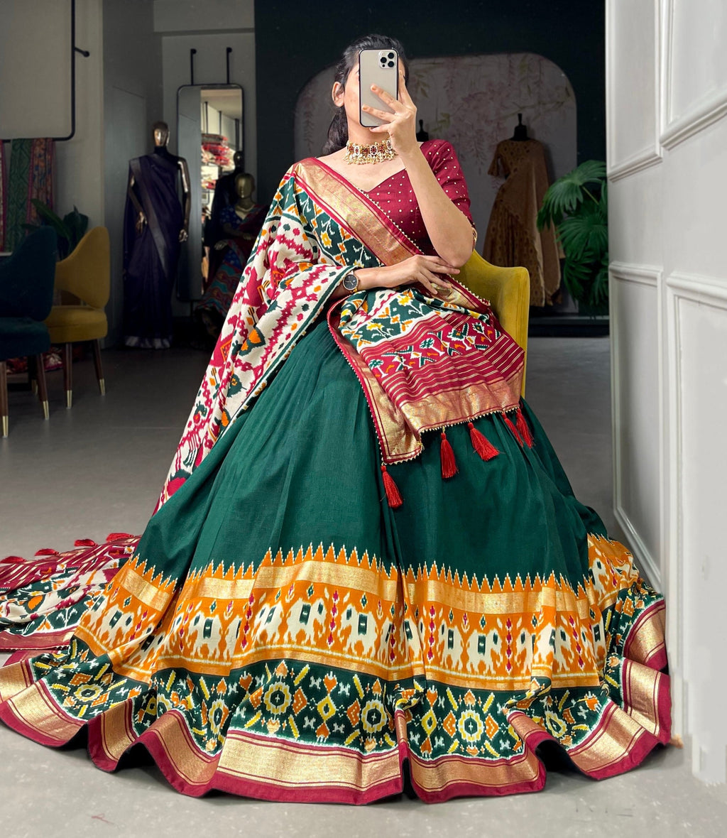 Mediashor Green Patola Lehenga Choli with Banarasi Border & Traditional Printed Dupatta for Women