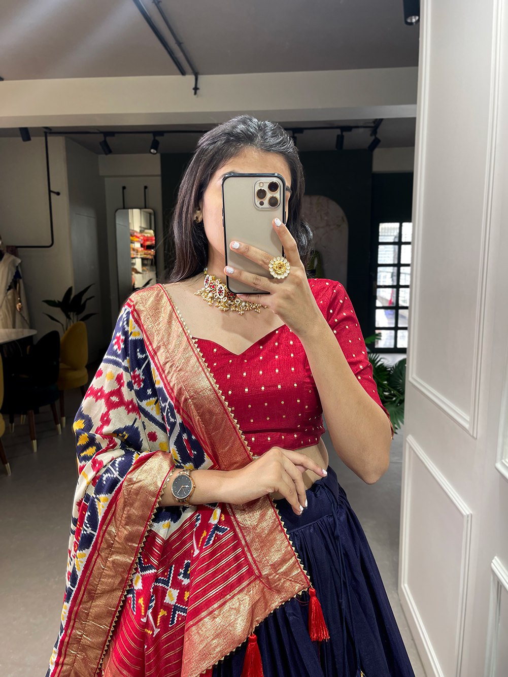 Mediashor Navy Blue Patola Lehenga Choli with Banarasi Border & Traditional Printed Dupatta