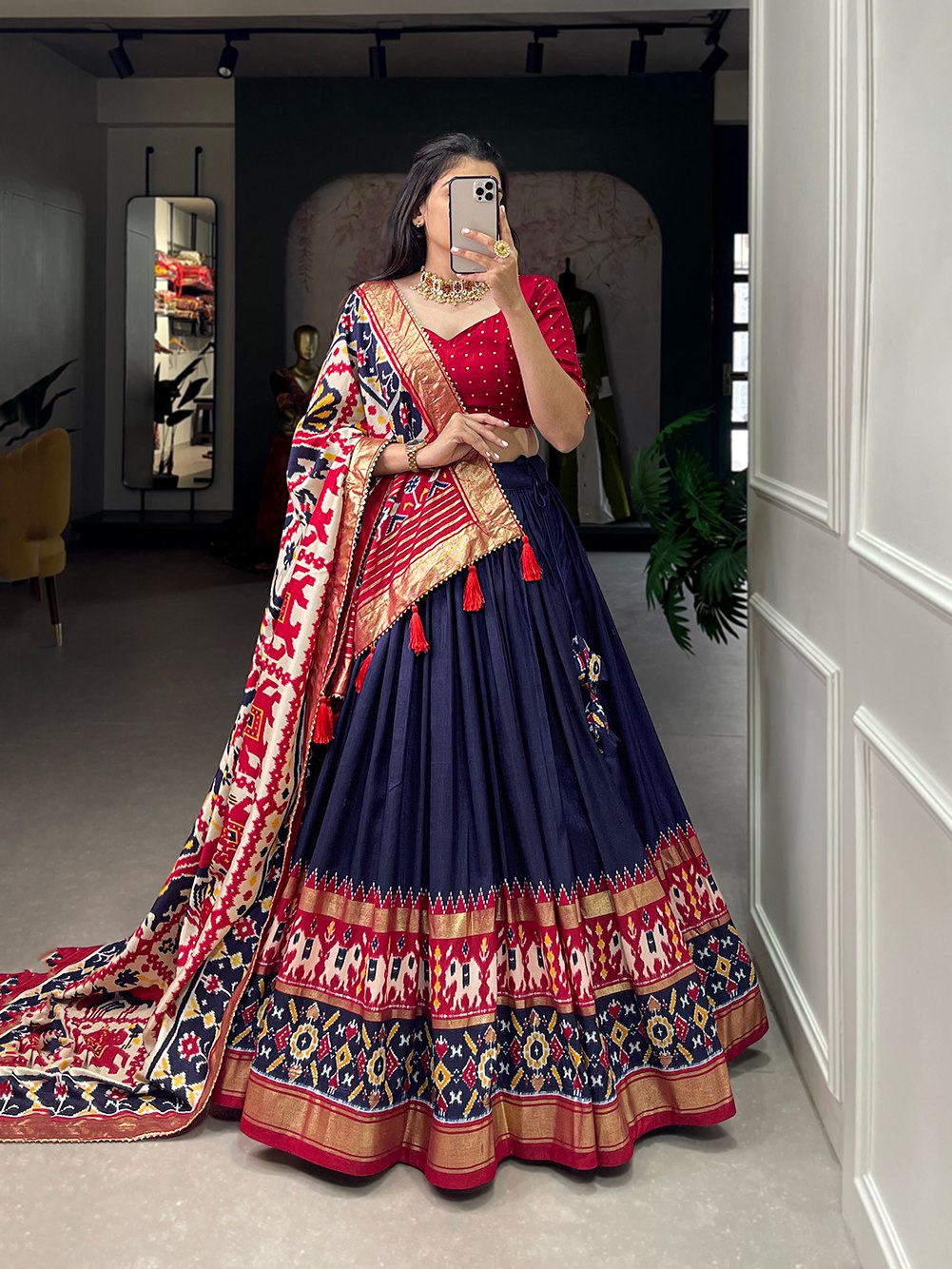 Mediashor Navy Blue Patola Lehenga Choli with Banarasi Border & Traditional Printed Dupatta