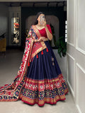 Mediashor Navy Blue Patola Lehenga Choli with Banarasi Border & Traditional Printed Dupatta
