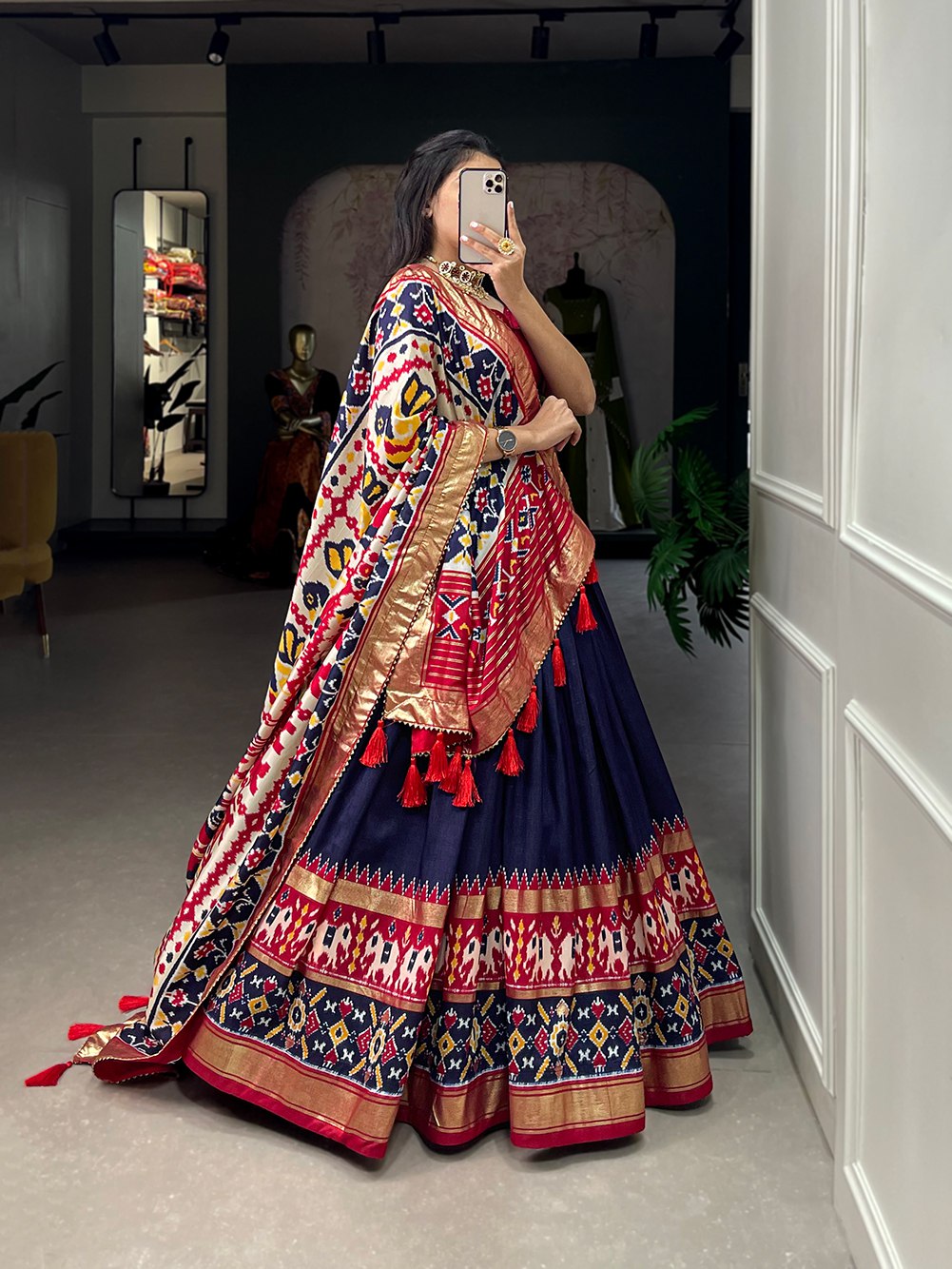 Mediashor Navy Blue Patola Lehenga Choli with Banarasi Border & Traditional Printed Dupatta