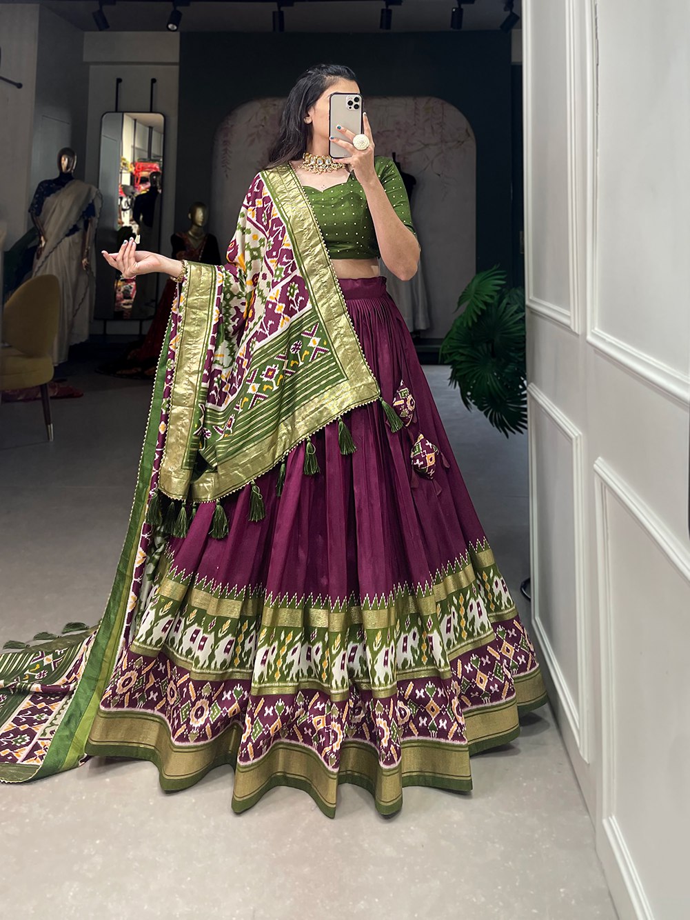 Mediashor Wine & Olive Green Patola Lehenga Choli with Banarasi Border & Printed Dupatta
