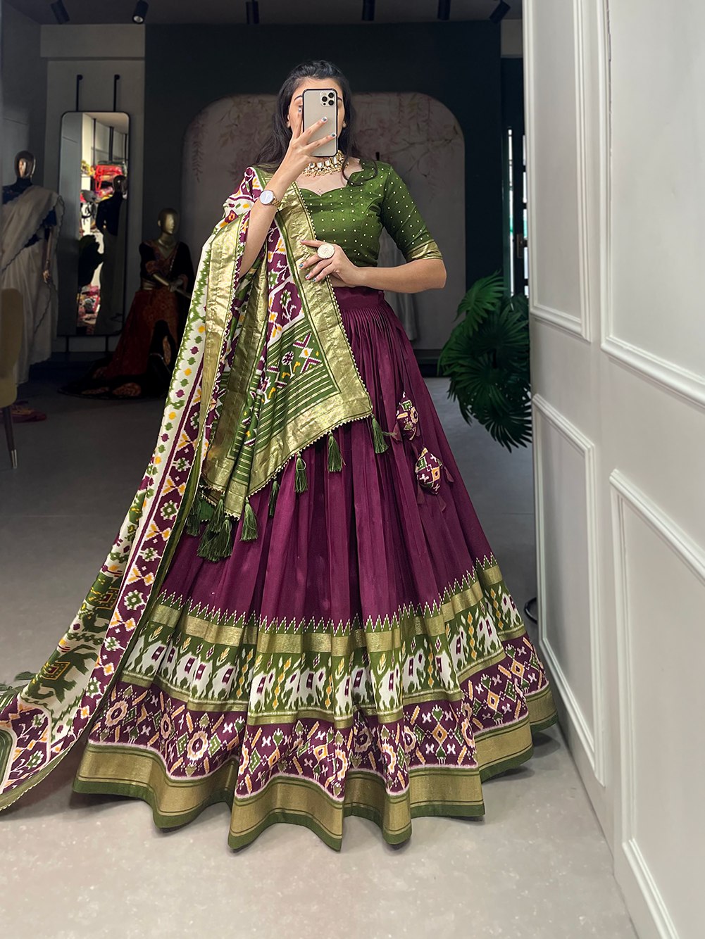Mediashor Wine & Olive Green Patola Lehenga Choli with Banarasi Border & Printed Dupatta