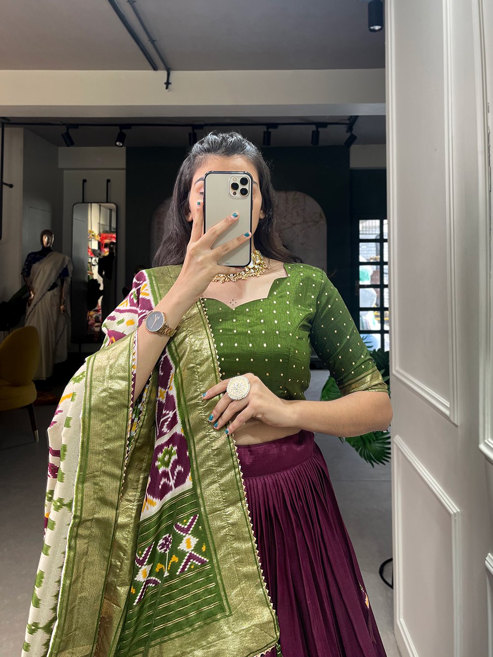 Mediashor Wine & Olive Green Patola Lehenga Choli with Banarasi Border & Printed Dupatta