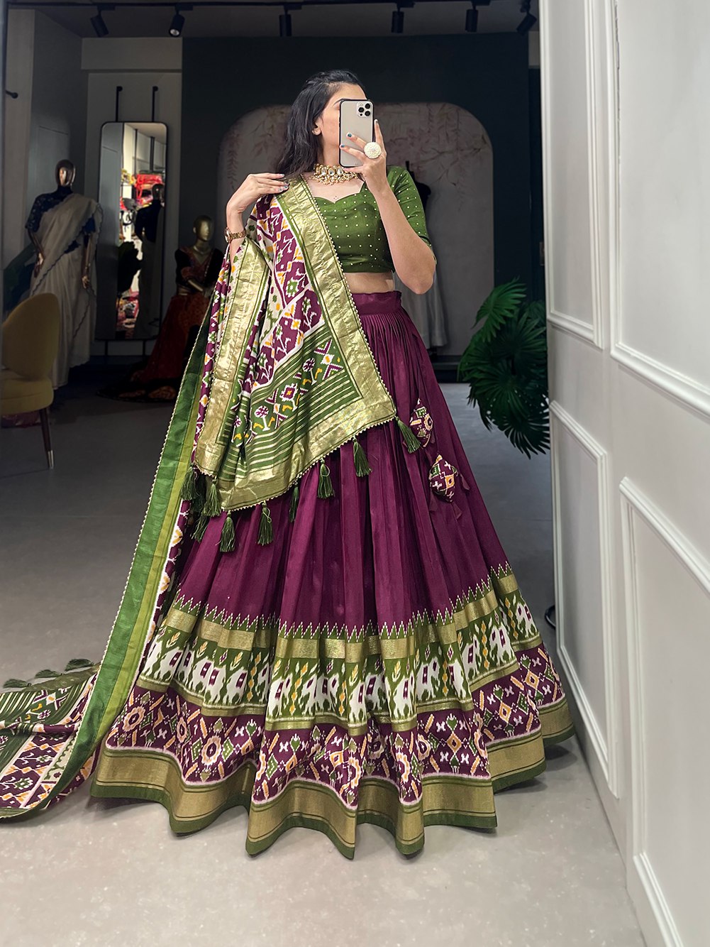 Mediashor Wine & Olive Green Patola Lehenga Choli with Banarasi Border & Printed Dupatta