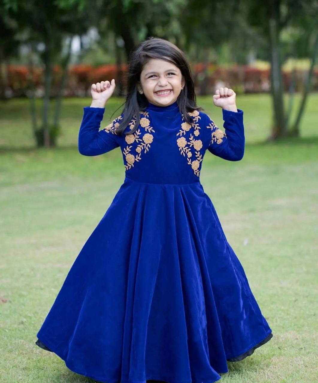 Royal Blue Velvet Embroidered Gown for Girls
