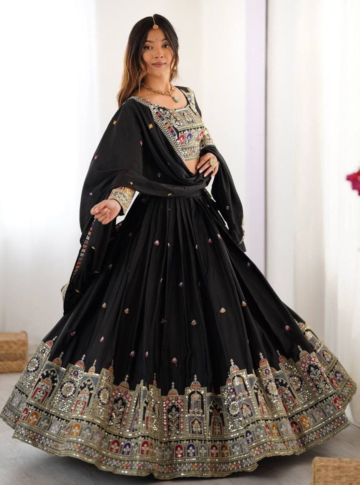 Designer Black Embroidered Lehenga Choli with Heavy Heritage Border & Dupatta