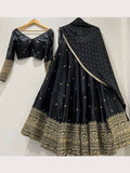Elegant Black Silk Lehenga Choli with Heavy Gold Embroidered Border & Dupatta
