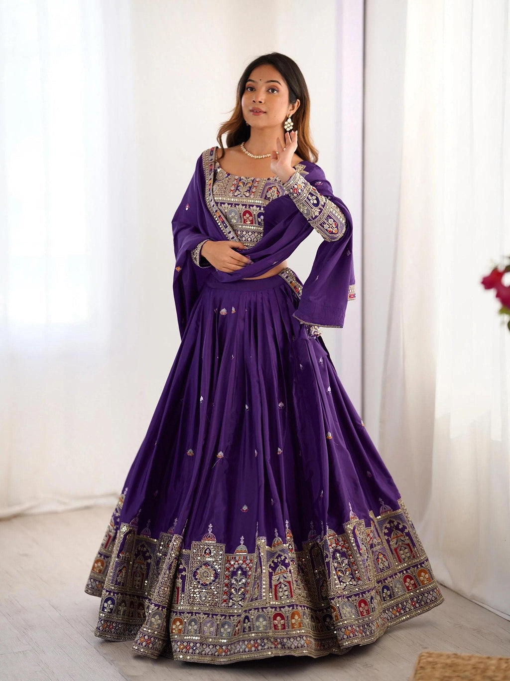 Royal Purple Embroidered Lehenga Choli with Heavy Traditional Border