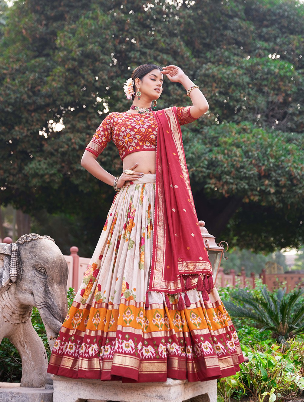 Cream Floral Printed Lehenga Choli with Red Dupatta & Traditional Border