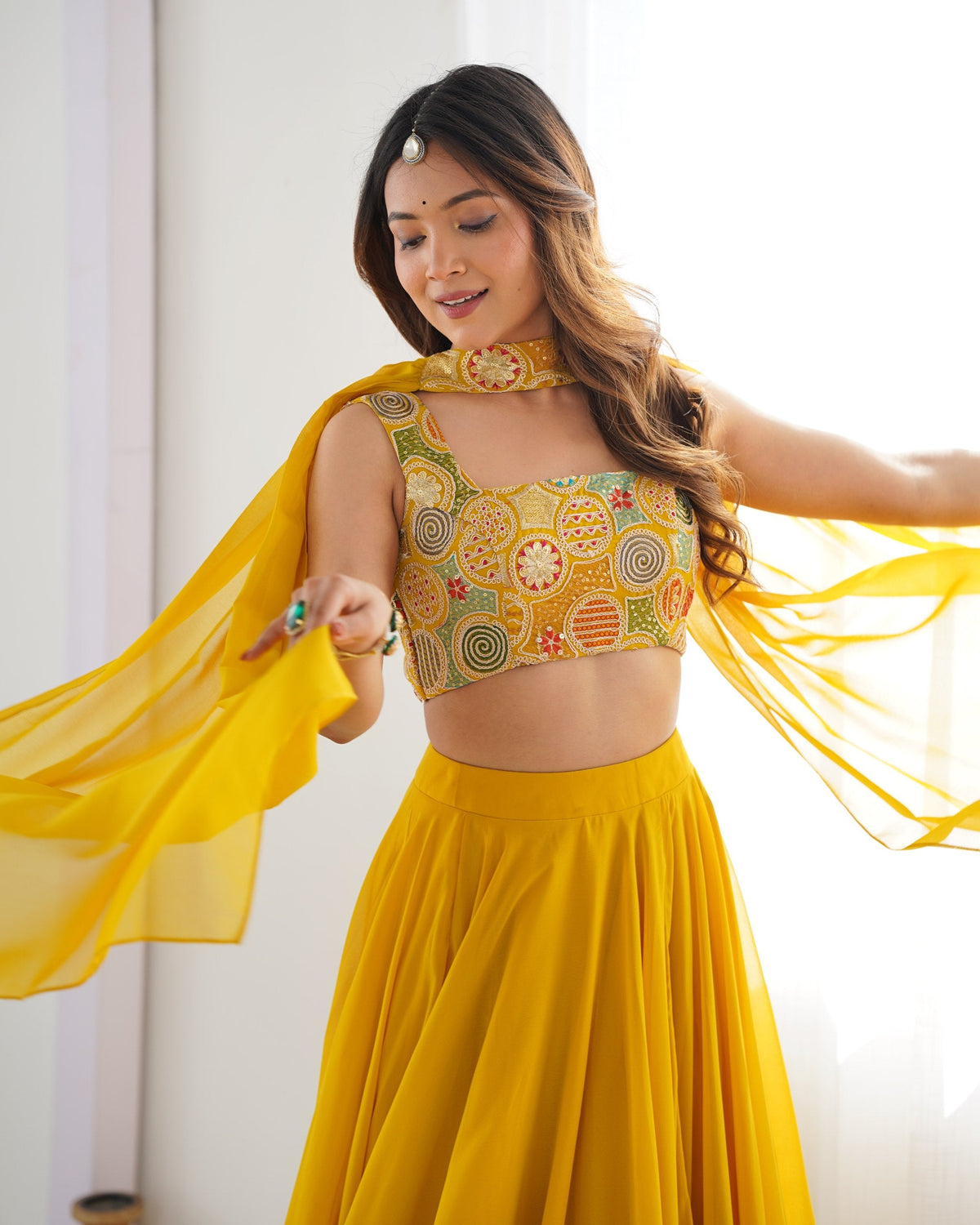Mustard Yellow Flared Lehenga Choli with Embroidered Designer Blouse & Dupatta