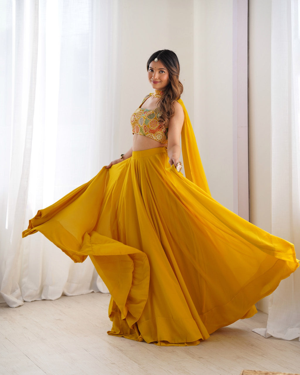 Mustard Yellow Flared Lehenga Choli with Embroidered Designer Blouse & Dupatta