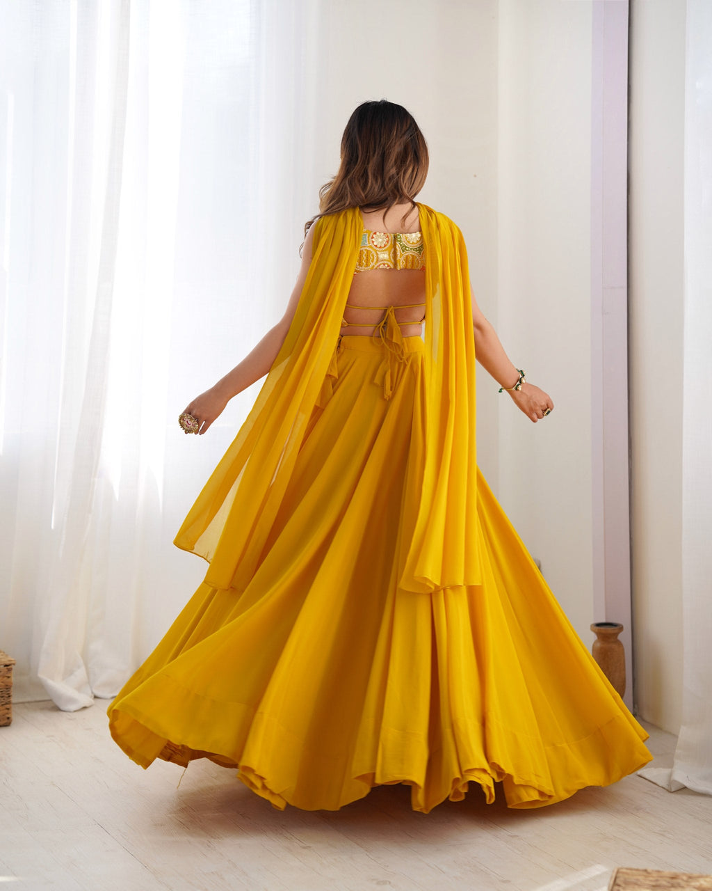 Mustard Yellow Flared Lehenga Choli with Embroidered Designer Blouse & Dupatta