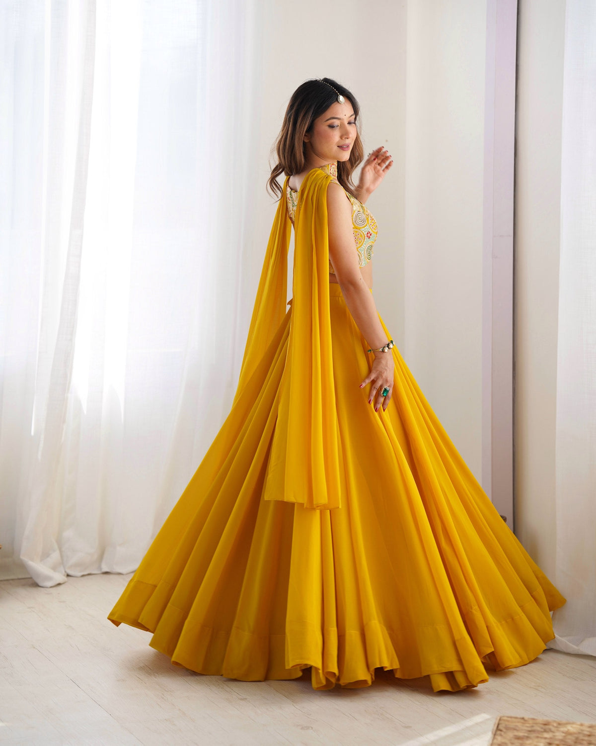 Mustard Yellow Flared Lehenga Choli with Embroidered Designer Blouse & Dupatta