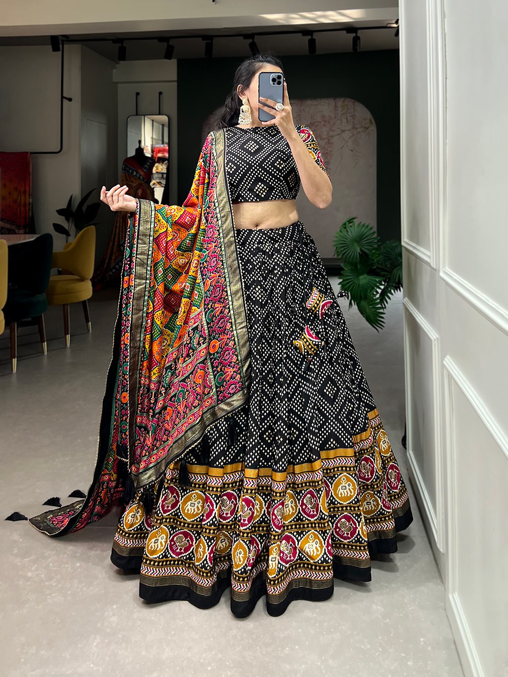 Black Bandhani Print Lehenga Choli with Multicolor Patola Dupatta