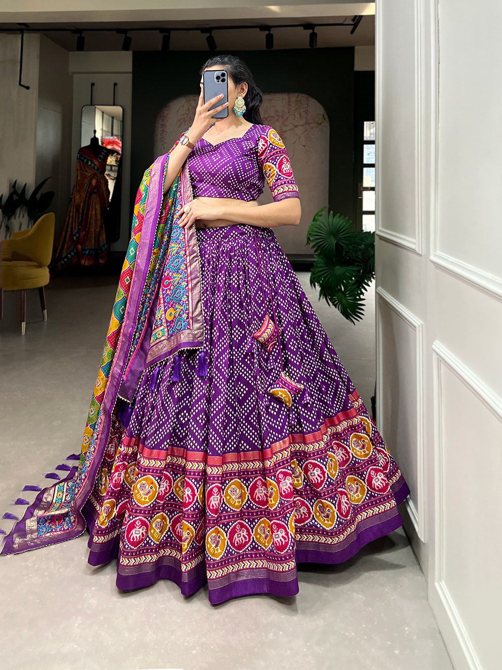 Purple Bandhani Print Lehenga Choli with Multicolor Patola Dupatta