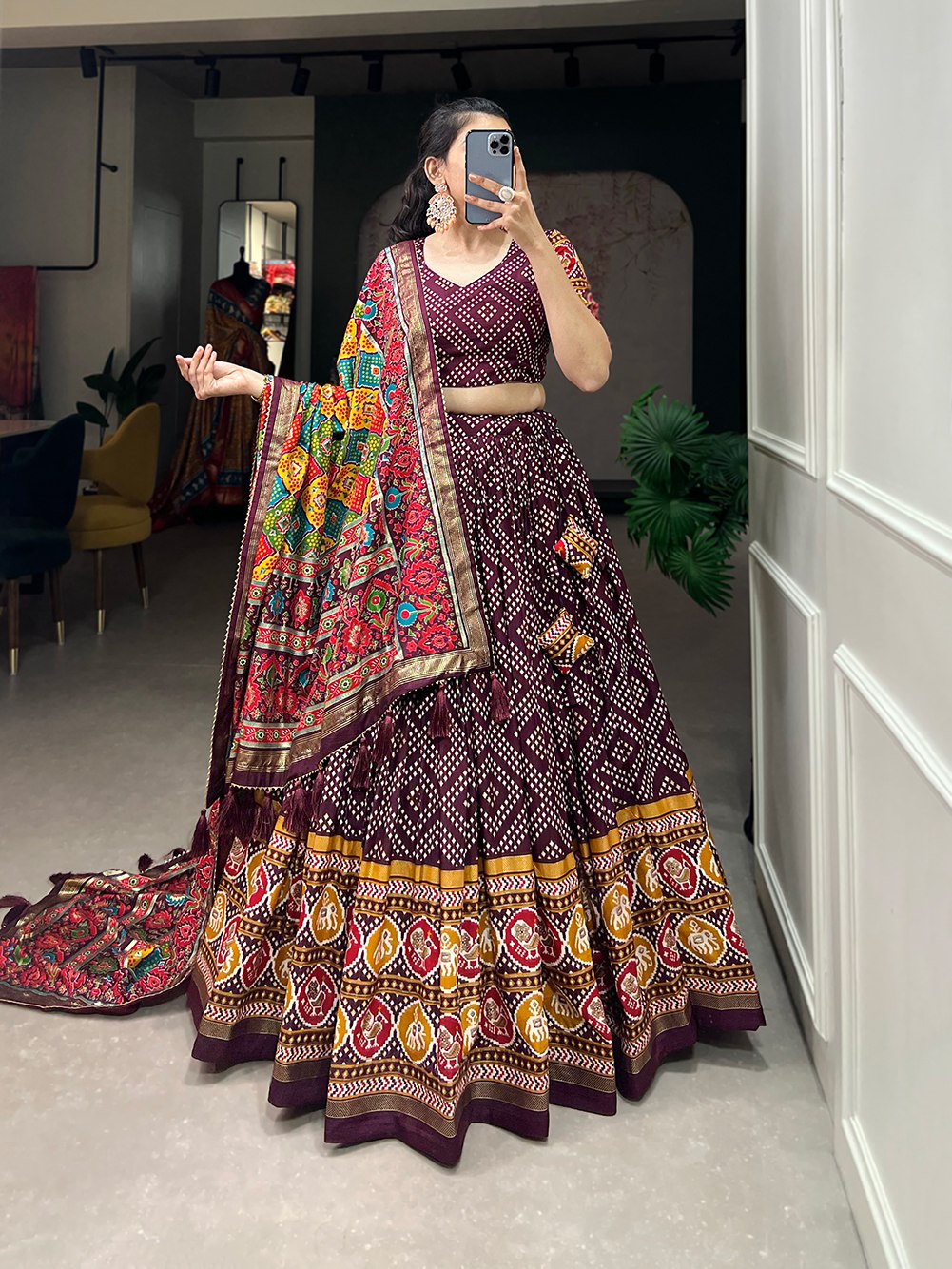 Maroon Bandhani Print Lehenga Choli with Multicolor Patola Dupatta